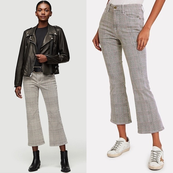 FRAME 90s Houndstooth Plaid Check Denim High Waist Ankle Crop Kick Flare Jean 25 - Picture 1 of 13